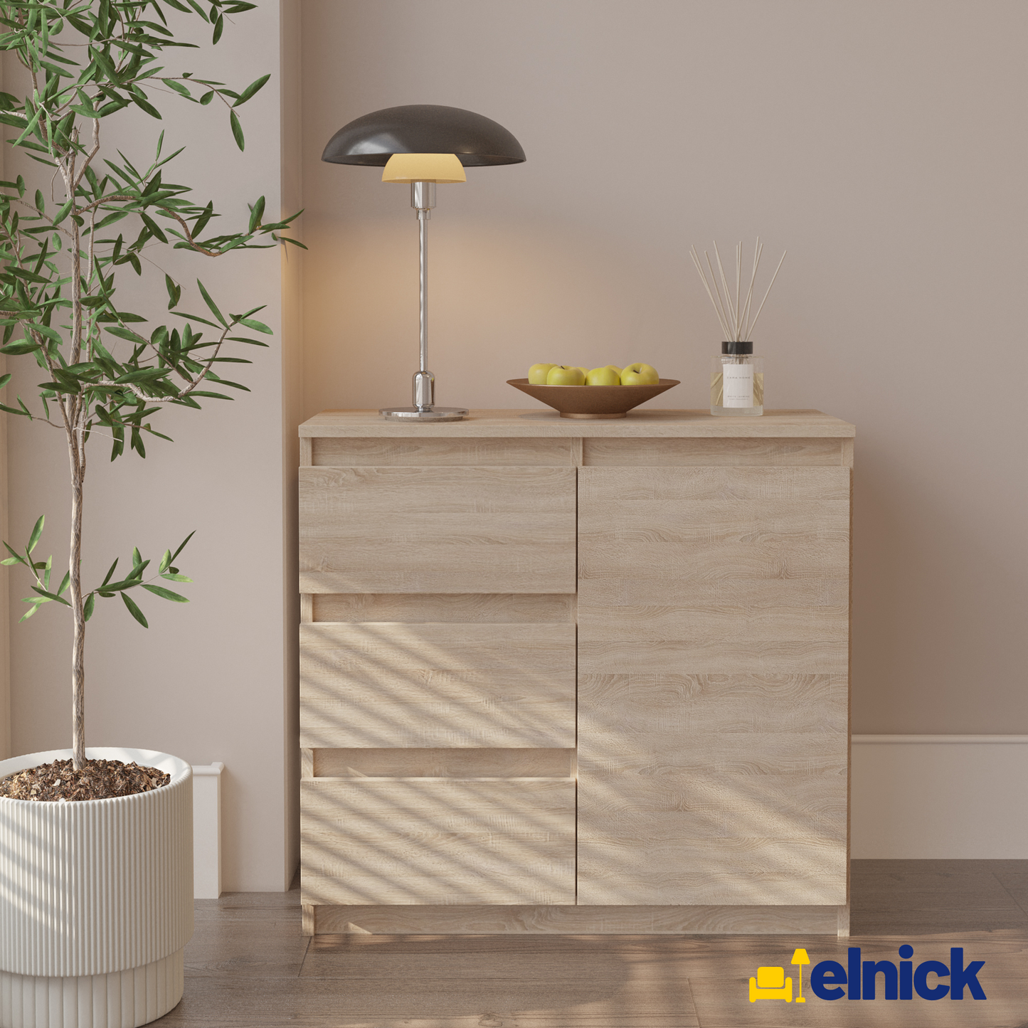 MIKEL - Kommode / Sideboard mit 3 Schubladen und 1 Tür - Sonoma Eiche