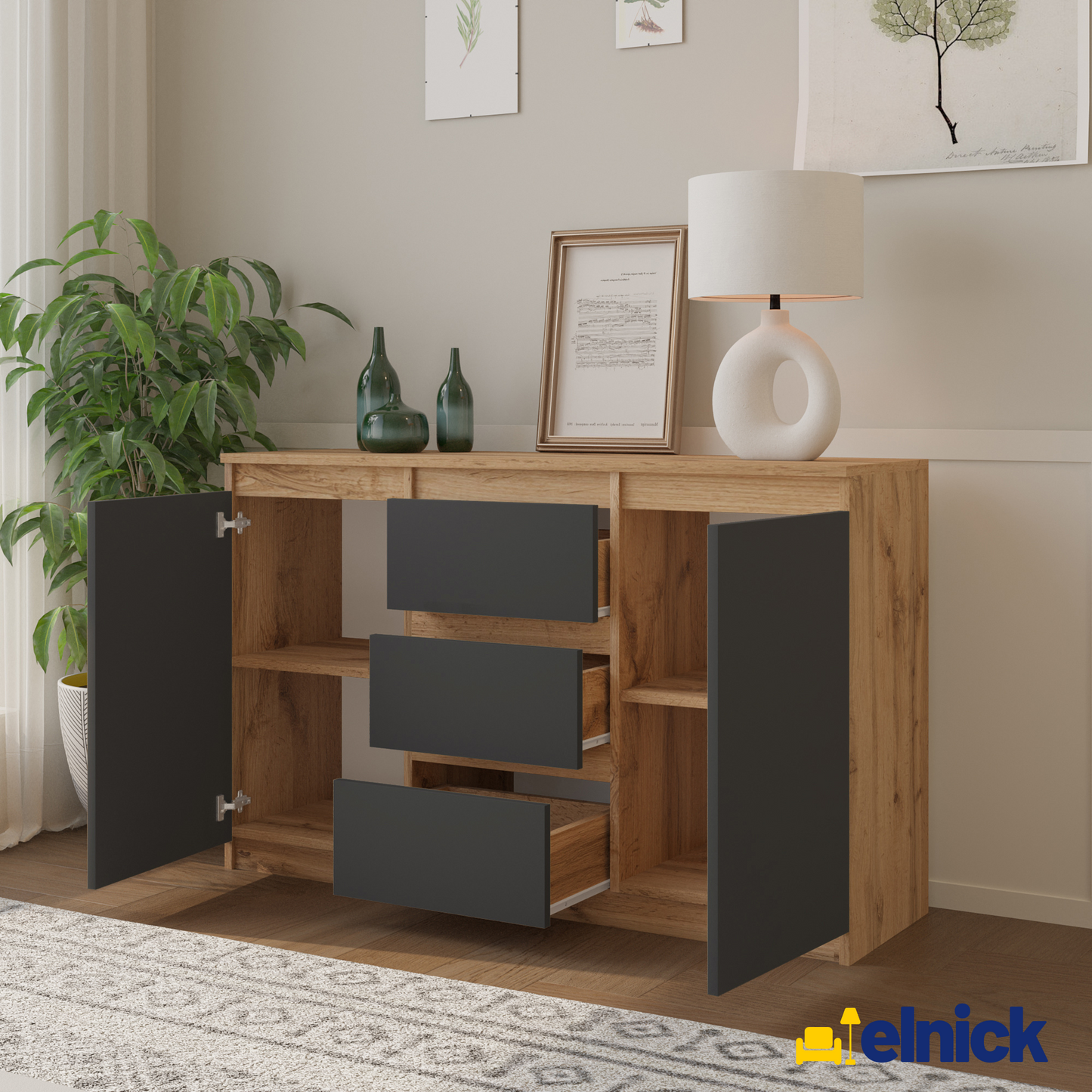 MIKEL - Kommode / Sideboard mit 3 Schubladen und 2 Türen - Wotan Eiche / Anthrazit Grau