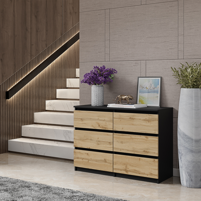 GABRIEL - Kommode / Sideboard mit 6 Schubladen - Schwarz Matt / Wotan Eiche H71cm B100cm T33cm