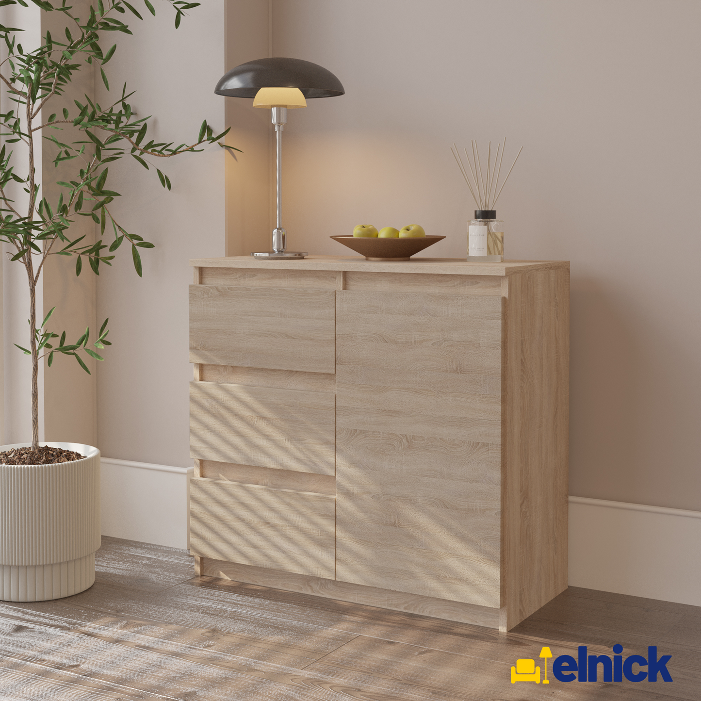 MIKEL - Kommode / Sideboard mit 3 Schubladen und 1 Tür - Sonoma Eiche
