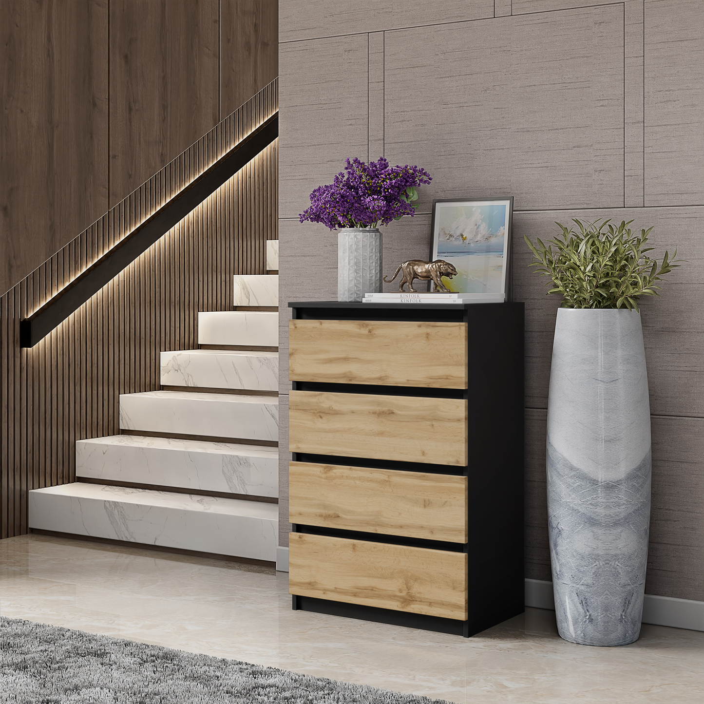 GABRIEL - Kommode / Sideboard mit 4 Schubladen - Schwarz Matt / Wotan Eiche H92cm B60cm T33cm