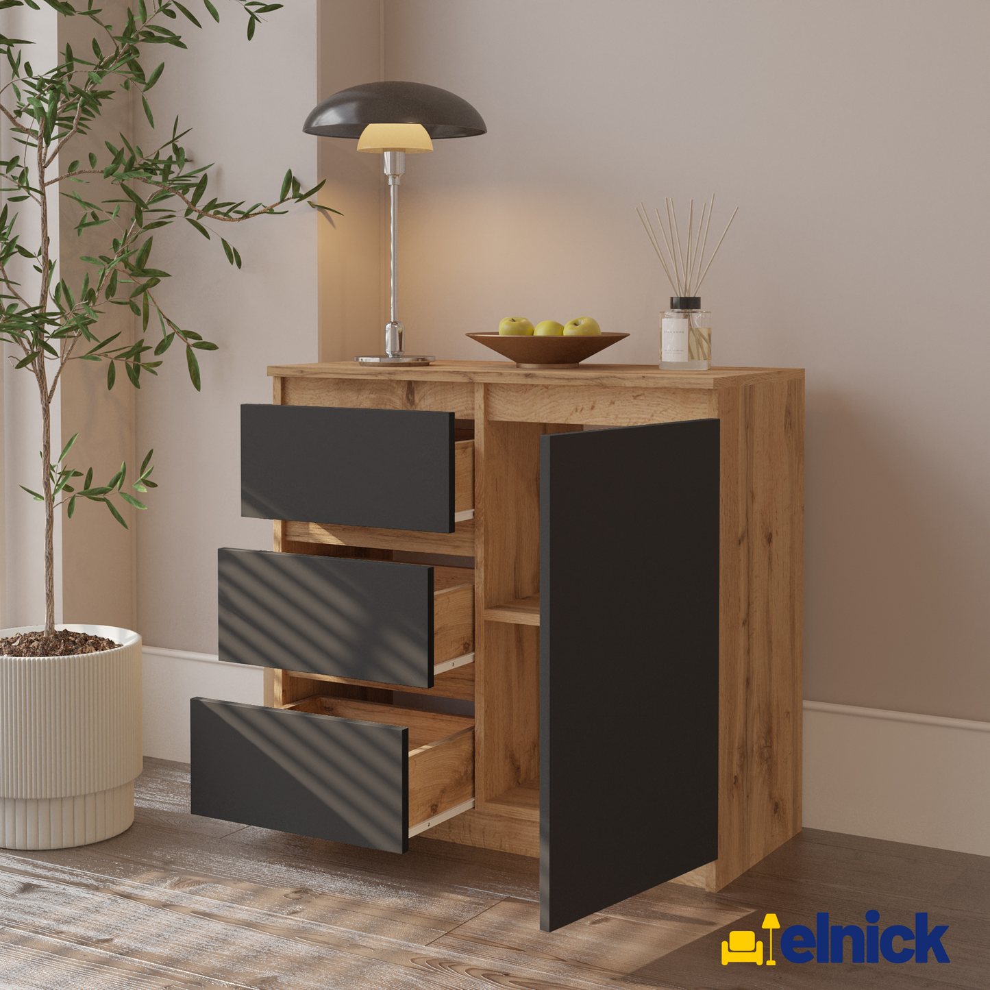 MIKEL - Kommode / Sideboard mit 3 Schubladen und 1 Tür - Wotan Eiche / Anthrazit Grau