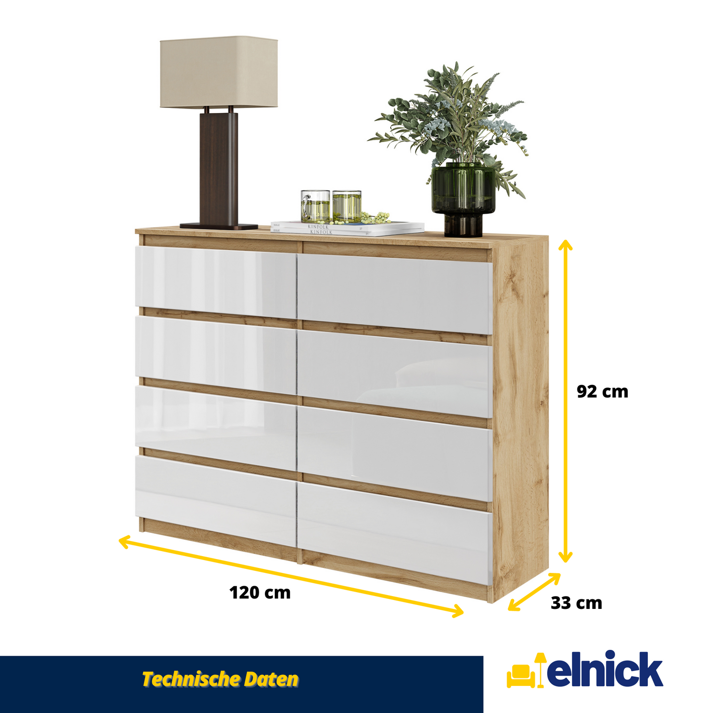 GABRIEL - Kommode / Sideboard mit 8 Schubladen - Wotan Eiche / Weiß Glanz H92cm B120cm T33cm