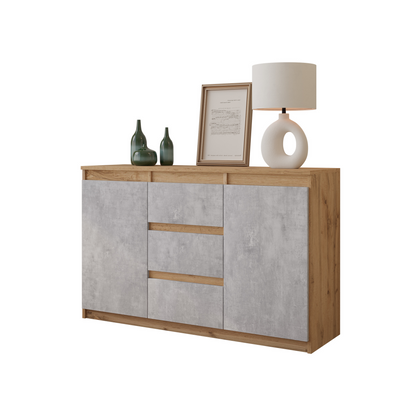 MIKEL - Kommode / Sideboard mit 3 Schubladen und 2 Türen - Wotan Eiche / Beton-Optik