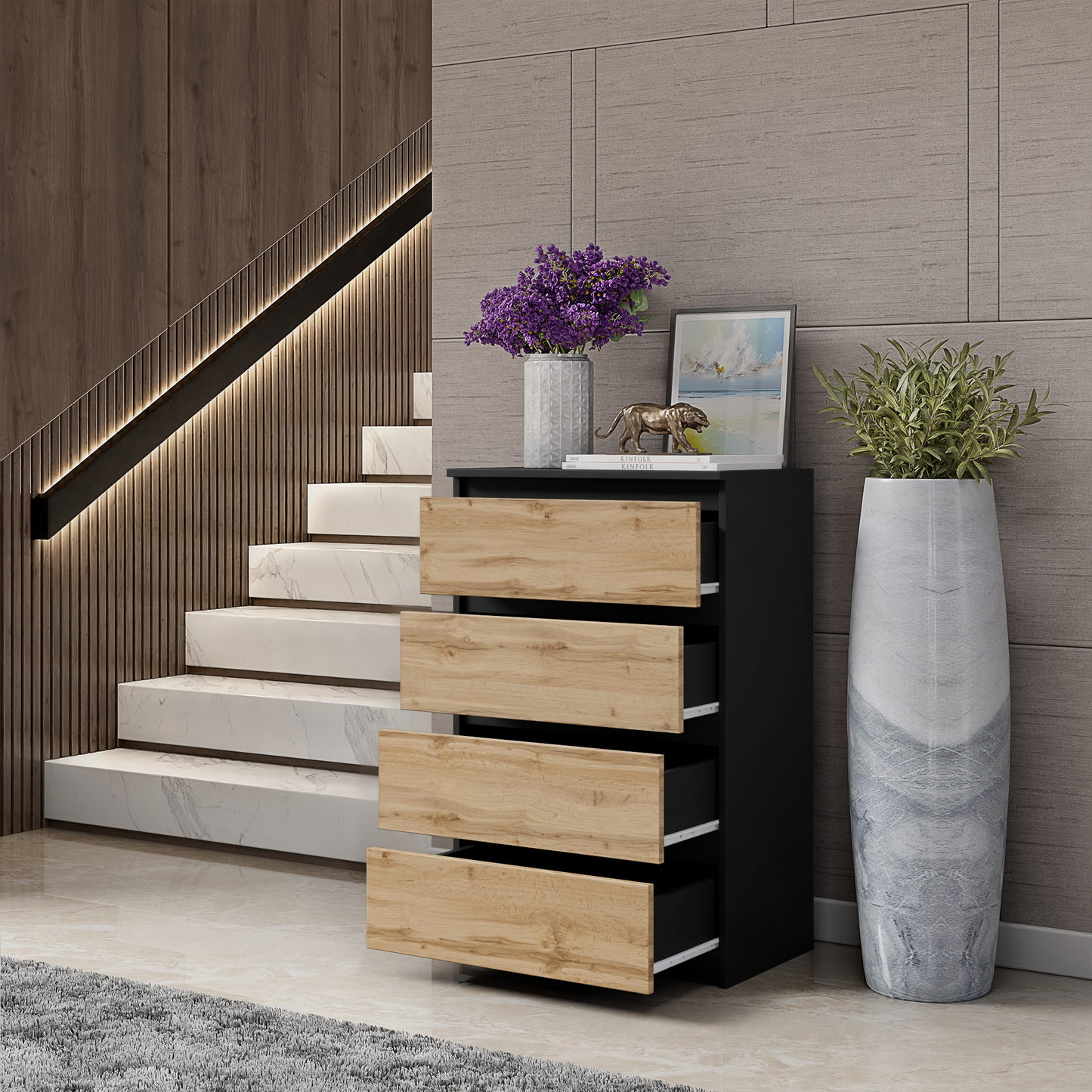 GABRIEL - Kommode / Sideboard mit 4 Schubladen - Schwarz Matt / Wotan Eiche H92cm B60cm T33cm