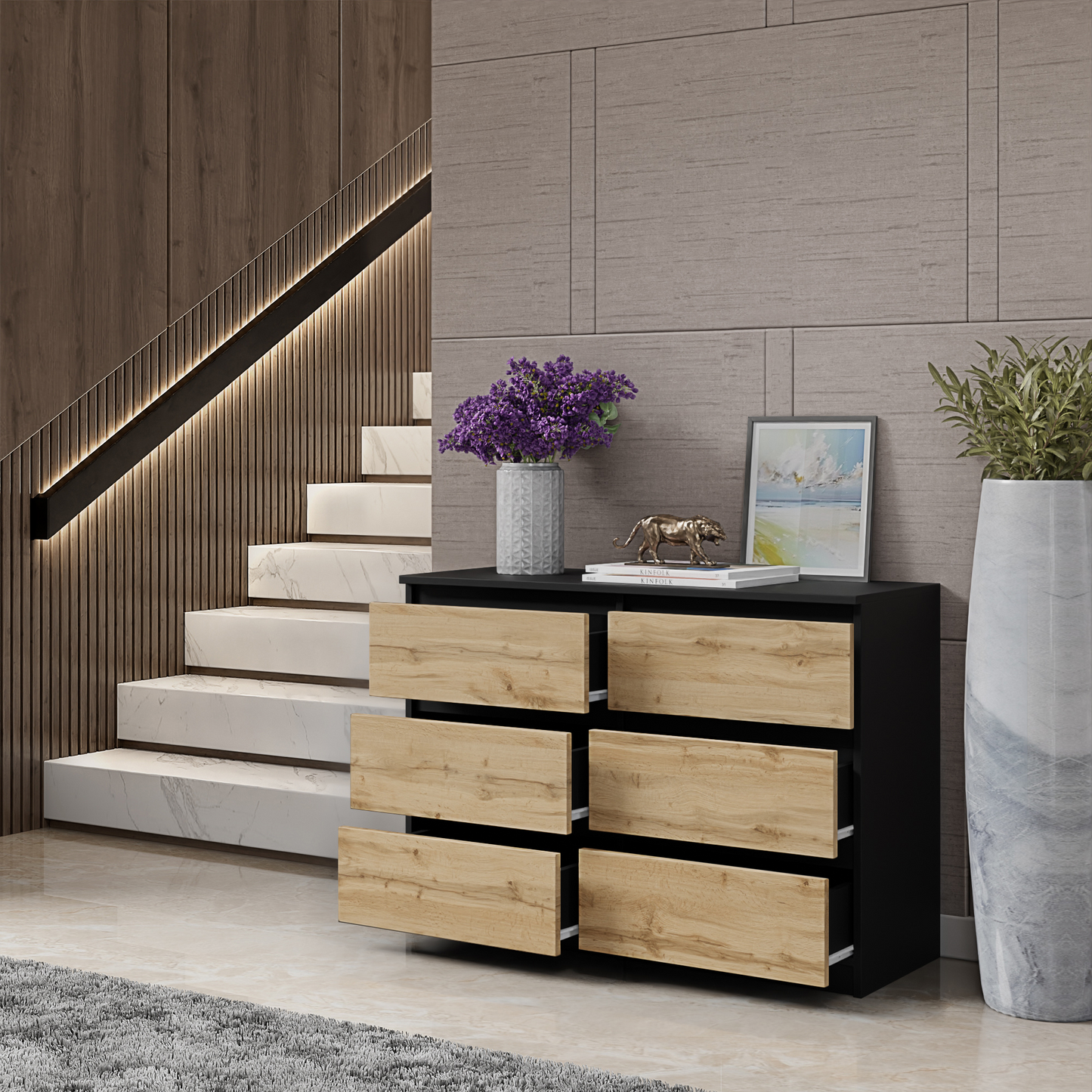 GABRIEL - Kommode / Sideboard mit 6 Schubladen - Schwarz Matt / Wotan Eiche H71cm B100cm T33cm