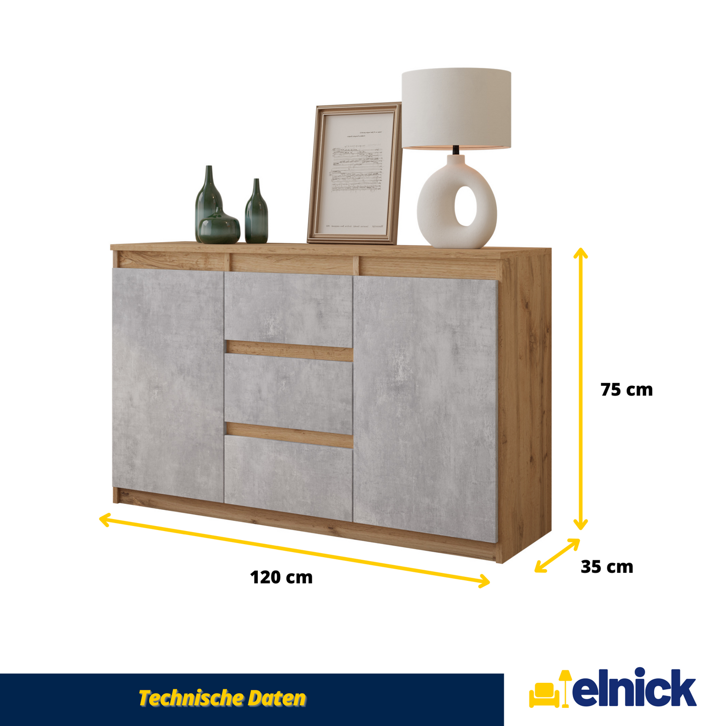 MIKEL - Kommode / Sideboard mit 3 Schubladen und 2 Türen - Wotan Eiche / Beton-Optik