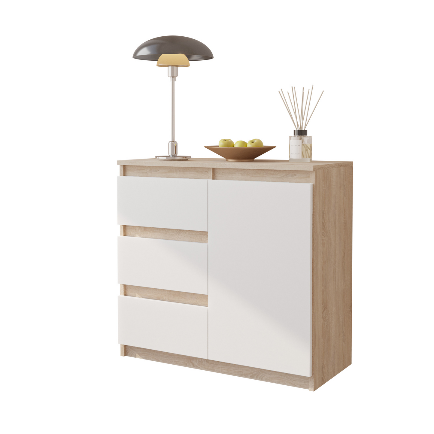 MIKEL - Kommode / Sideboard mit 3 Schubladen und 1 Tür - Sonoma Eiche / Weiß Matt