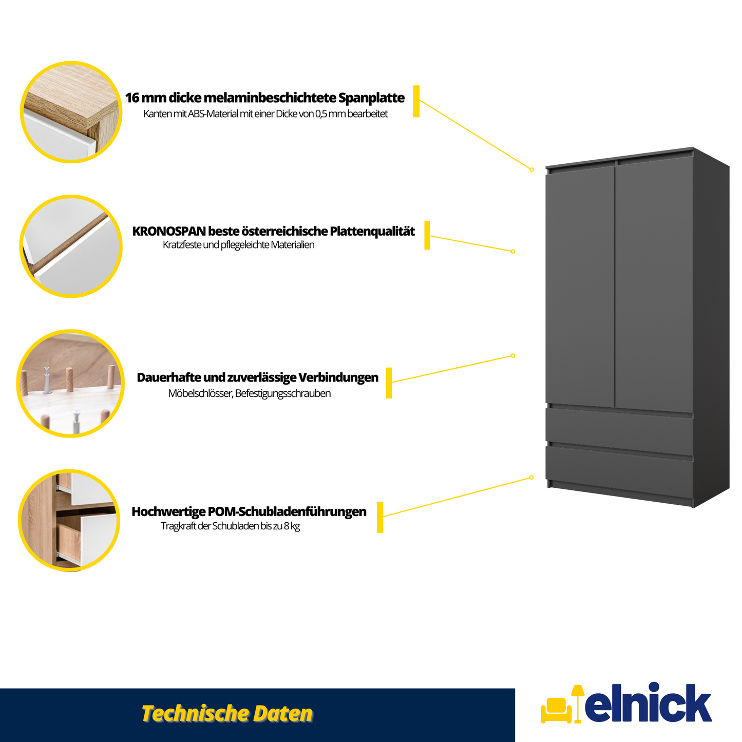 JOELLE - Kleiderschrank mit 2 Türen und 2 Schubladen - Anthrazit