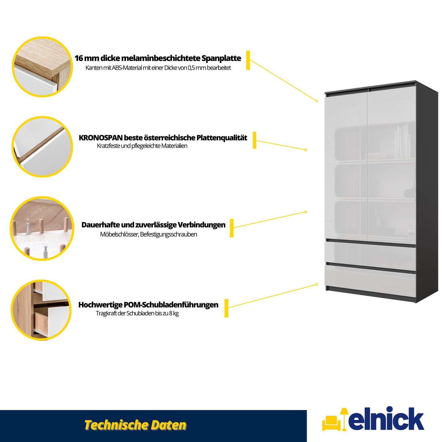 JOELLE - Kleiderschrank mit 2 Türen und 2 Schubladen - Anthrazit / Weißglanz