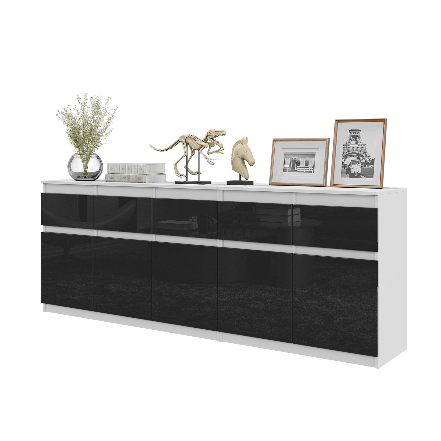 NOAH - Kommode / Sideboard mit 5 Schubladen und 5 Türen - Weiß Matt / Schwarz Gloss
