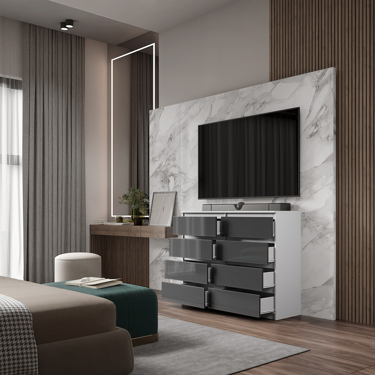 GABRIEL - Kommode / Sideboard mit 8 Schubladen - Weiß Matt / Anthrazit Grau Gloss