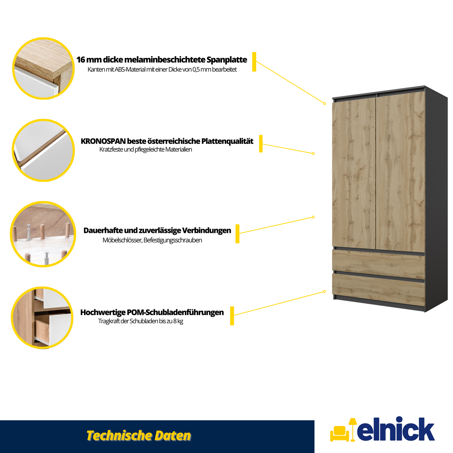 JOELLE - Kleiderschrank mit 2 Türen und 2 Schubladen - Anthrazit Grau / Wotan Eiche