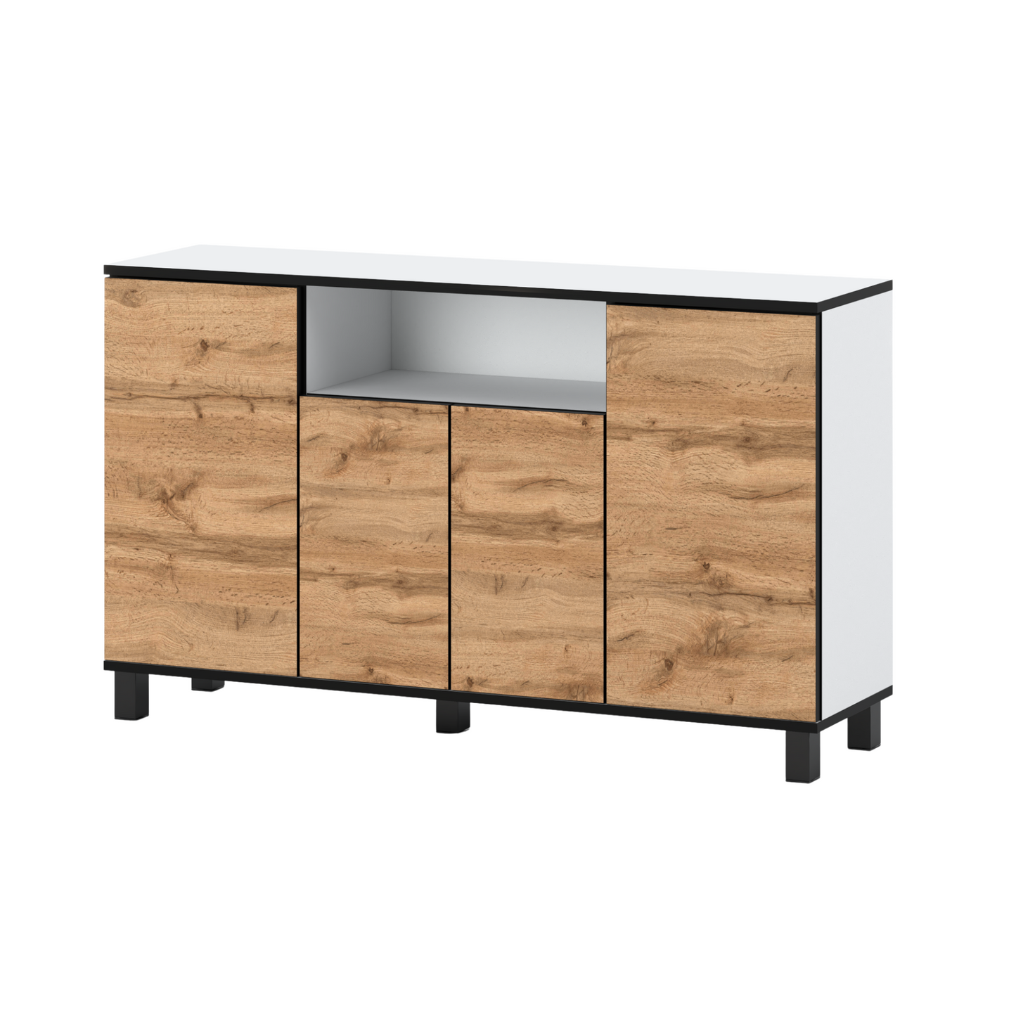 CALVIN – TV-Schrank mit 4 Türen – Wohnzimmer Sideboard - Weiß Matt / Wotan Eiche