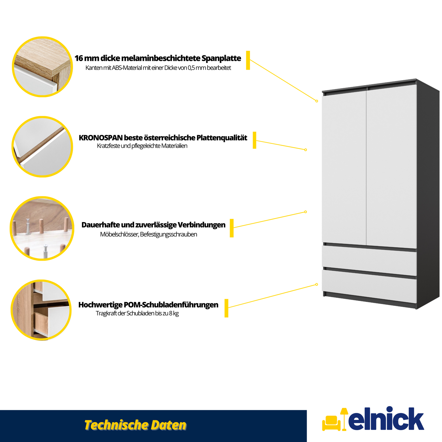 JOELLE - Kleiderschrank mit 2 Türen und 2 Schubladen - Anthrazit / Weiß Matt