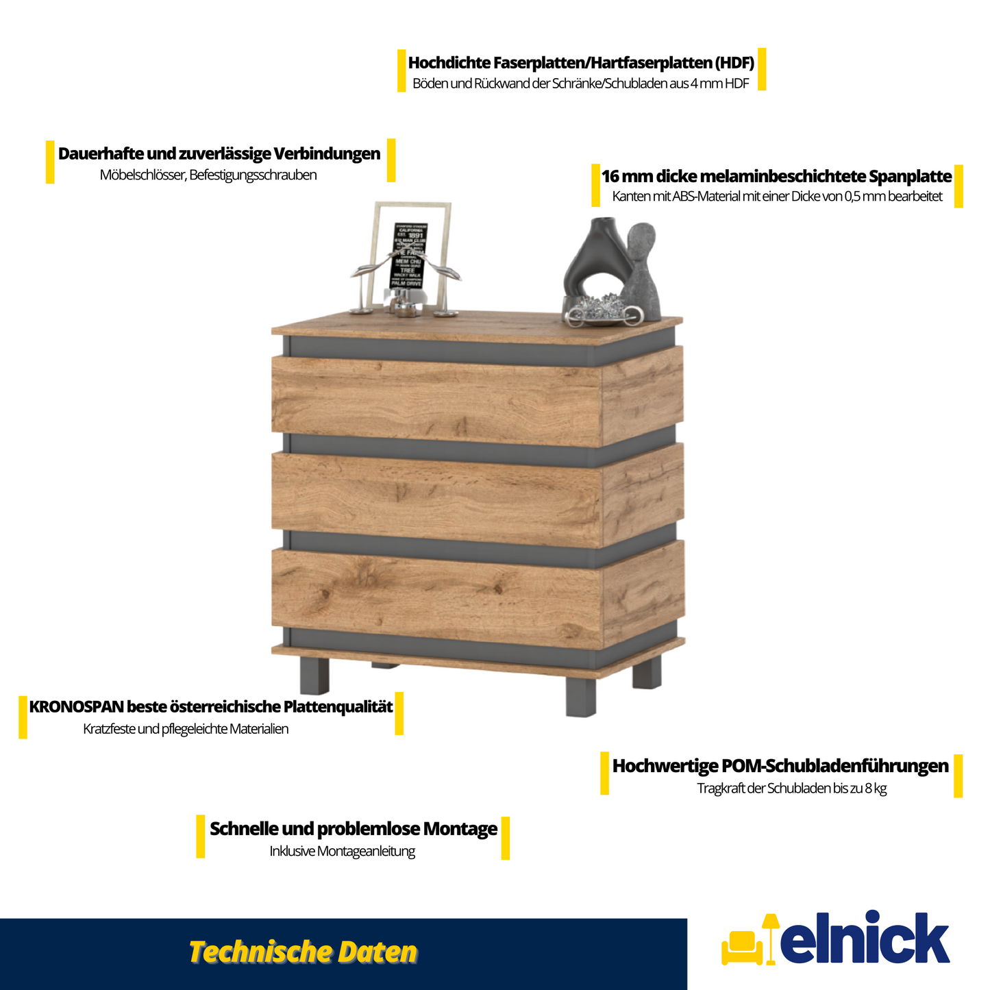 MARGARET - Kommode / Sideboard mit 3 Schubladen - Anthrazit / Wotan Eiche