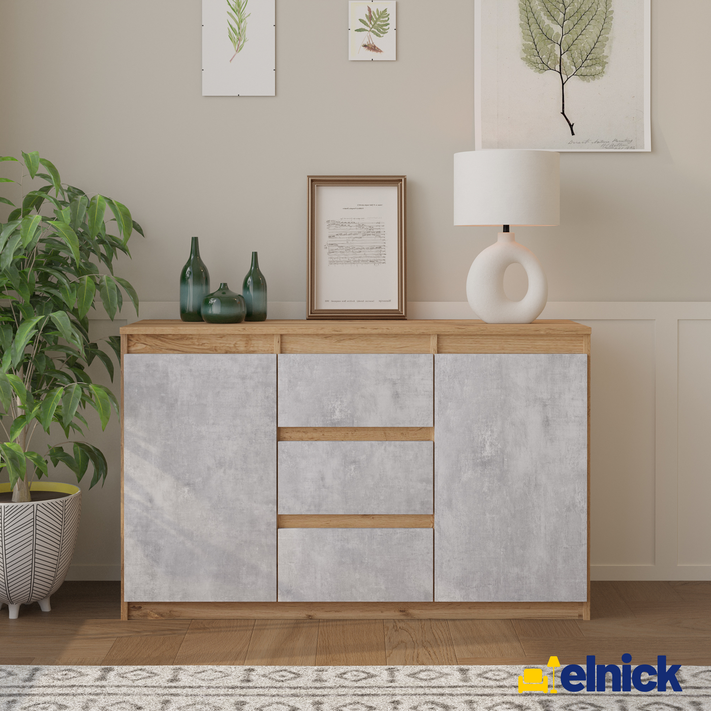 MIKEL - Kommode / Sideboard mit 3 Schubladen und 2 Türen - Wotan Eiche / Beton-Optik