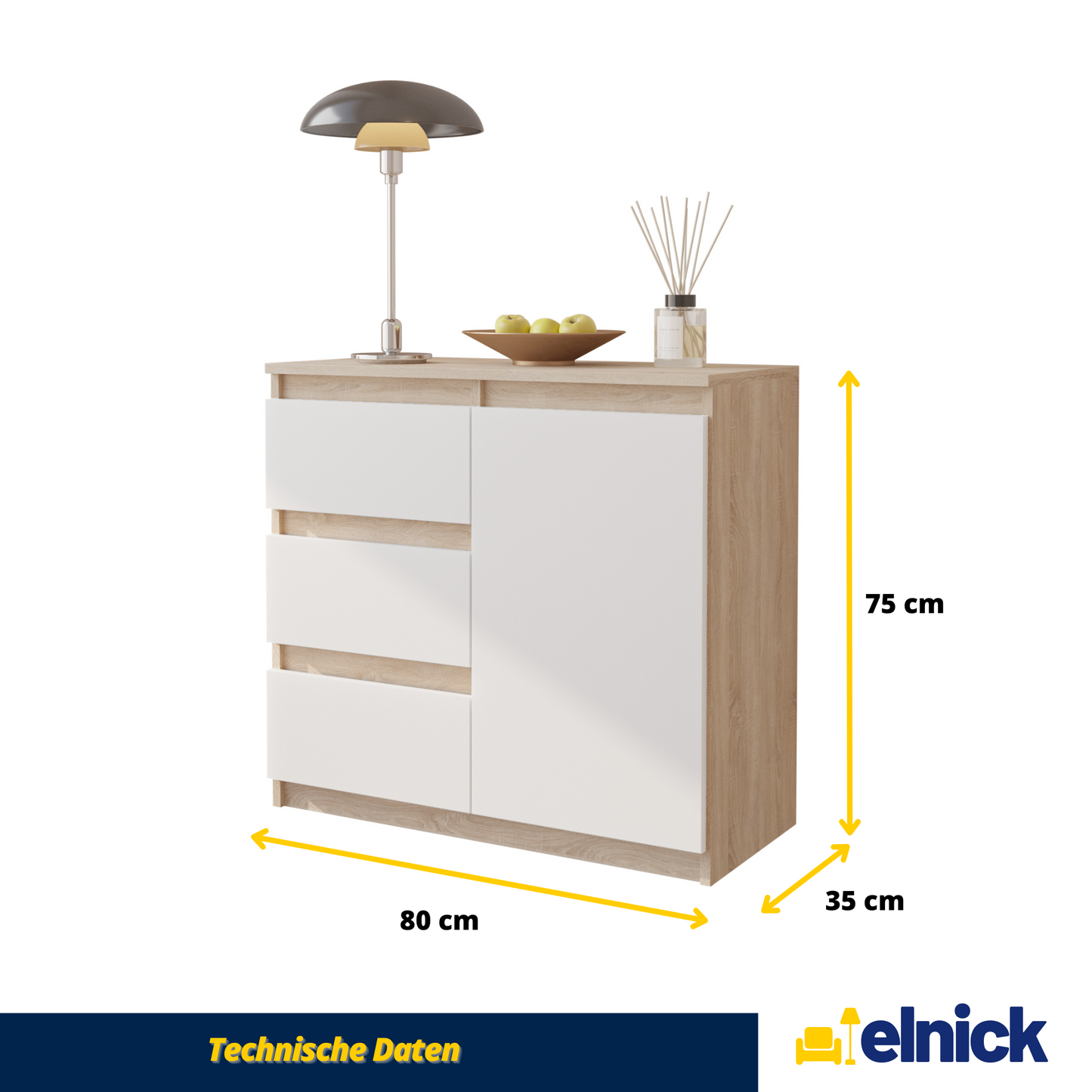 MIKEL - Kommode / Sideboard mit 3 Schubladen und 1 Tür - Sonoma Eiche / Weiß Matt