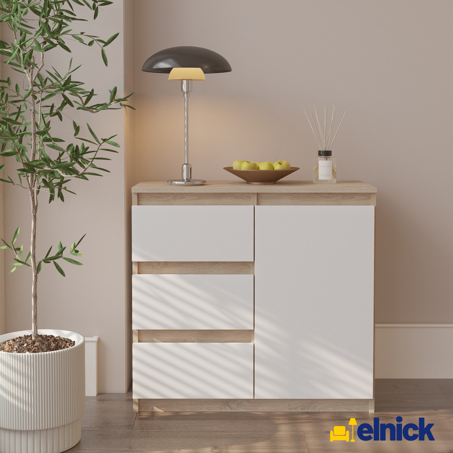 MIKEL - Kommode / Sideboard mit 3 Schubladen und 1 Tür - Sonoma Eiche / Weiß Matt