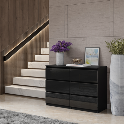 GABRIEL - Kommode / Sideboard mit 6 Schubladen - Schwarz Matt / Schwarz Glanz H71cm B100cm T33cm