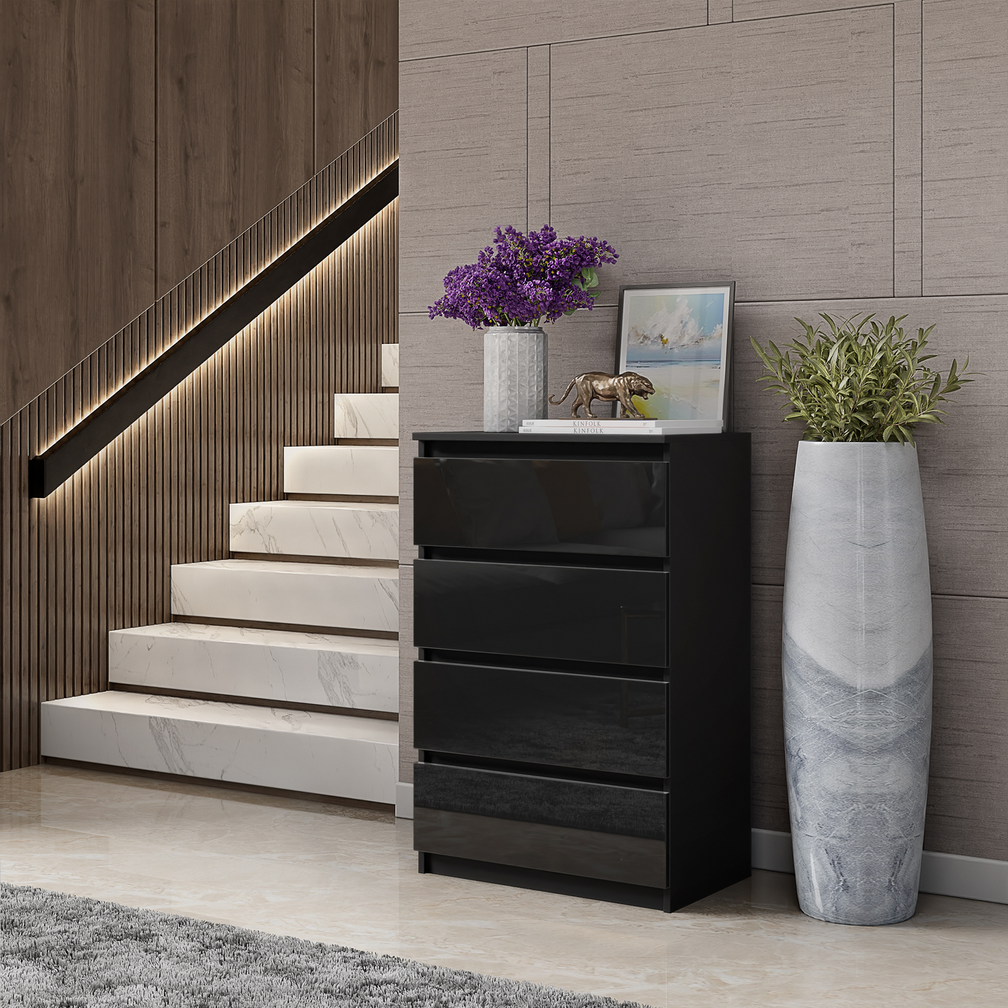 GABRIEL - Kommode / Sideboard mit 4 Schubladen - Schwarz Matt / Schwarz Glanz H92cm B60cm T33cm