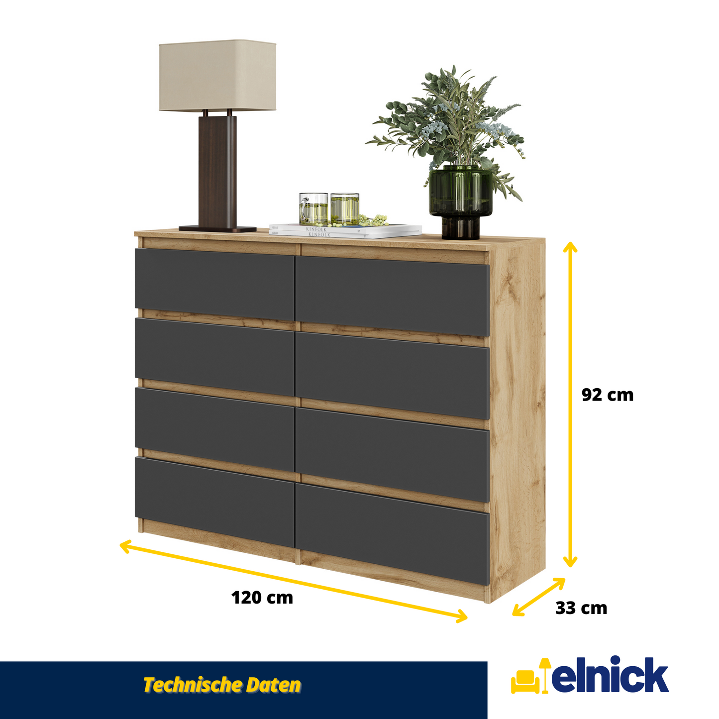 GABRIEL - Kommode / Sideboard mit 8 Schubladen - Wotan Eiche / Anthrazit H92cm B120cm T33cm