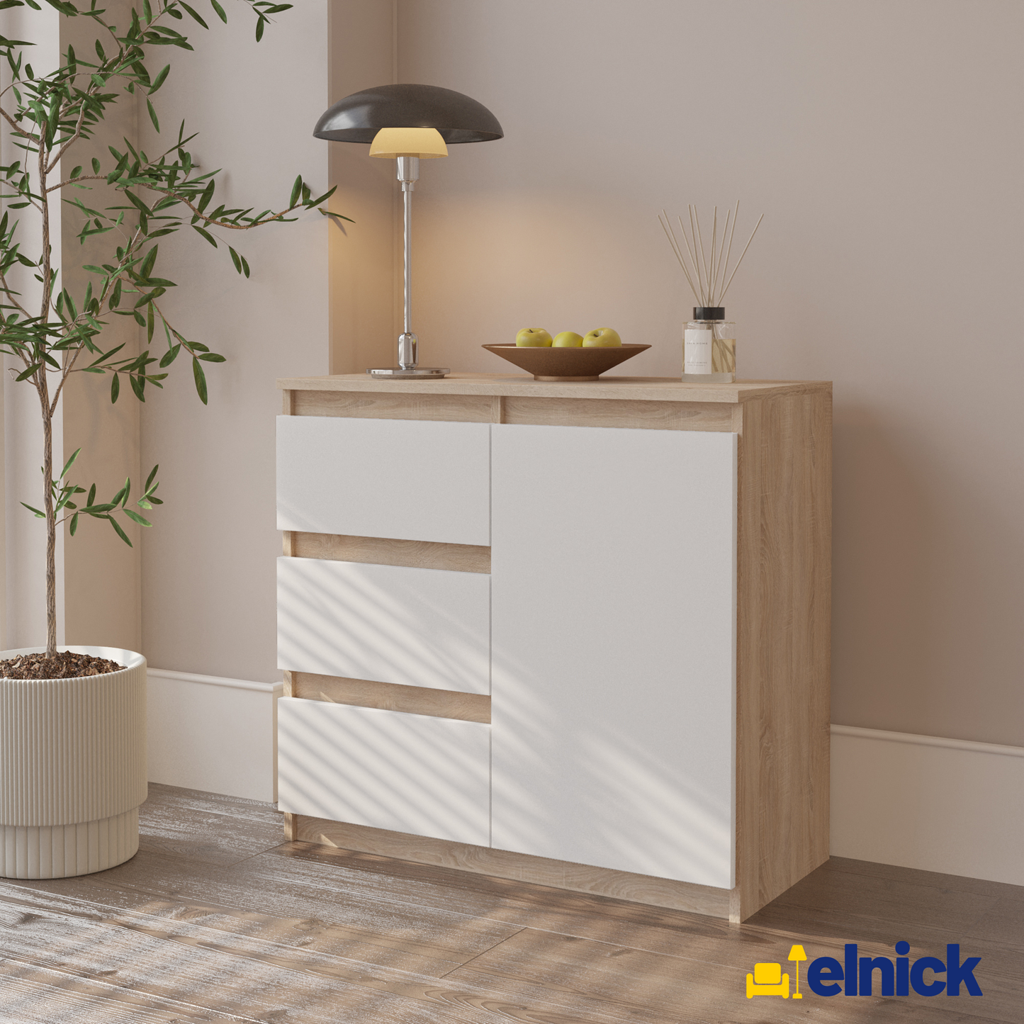 MIKEL - Kommode / Sideboard mit 3 Schubladen und 1 Tür - Sonoma Eiche / Weiß Matt