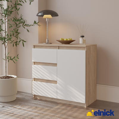 MIKEL - Kommode / Sideboard mit 3 Schubladen und 1 Tür - Sonoma Eiche / Weiß Matt