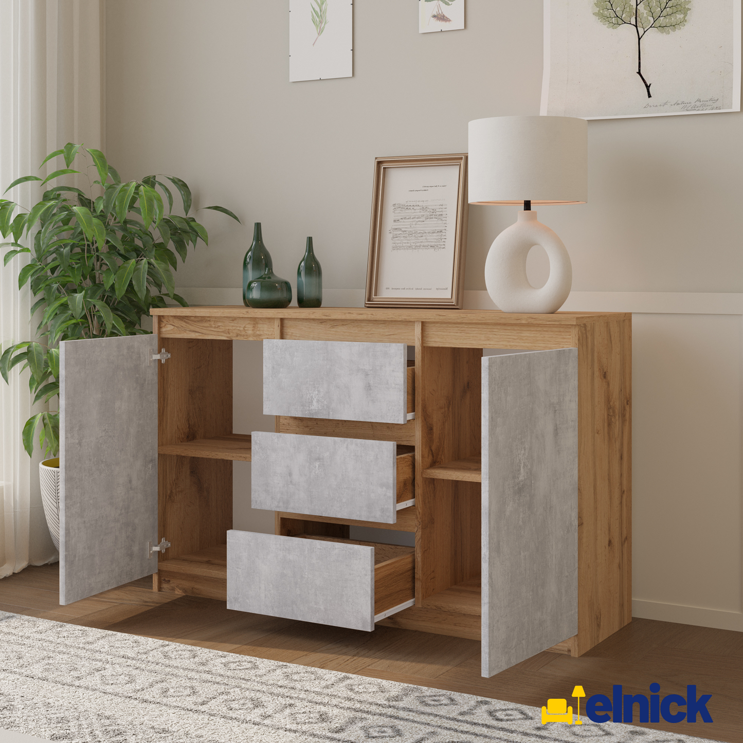MIKEL - Kommode / Sideboard mit 3 Schubladen und 2 Türen - Wotan Eiche / Beton-Optik