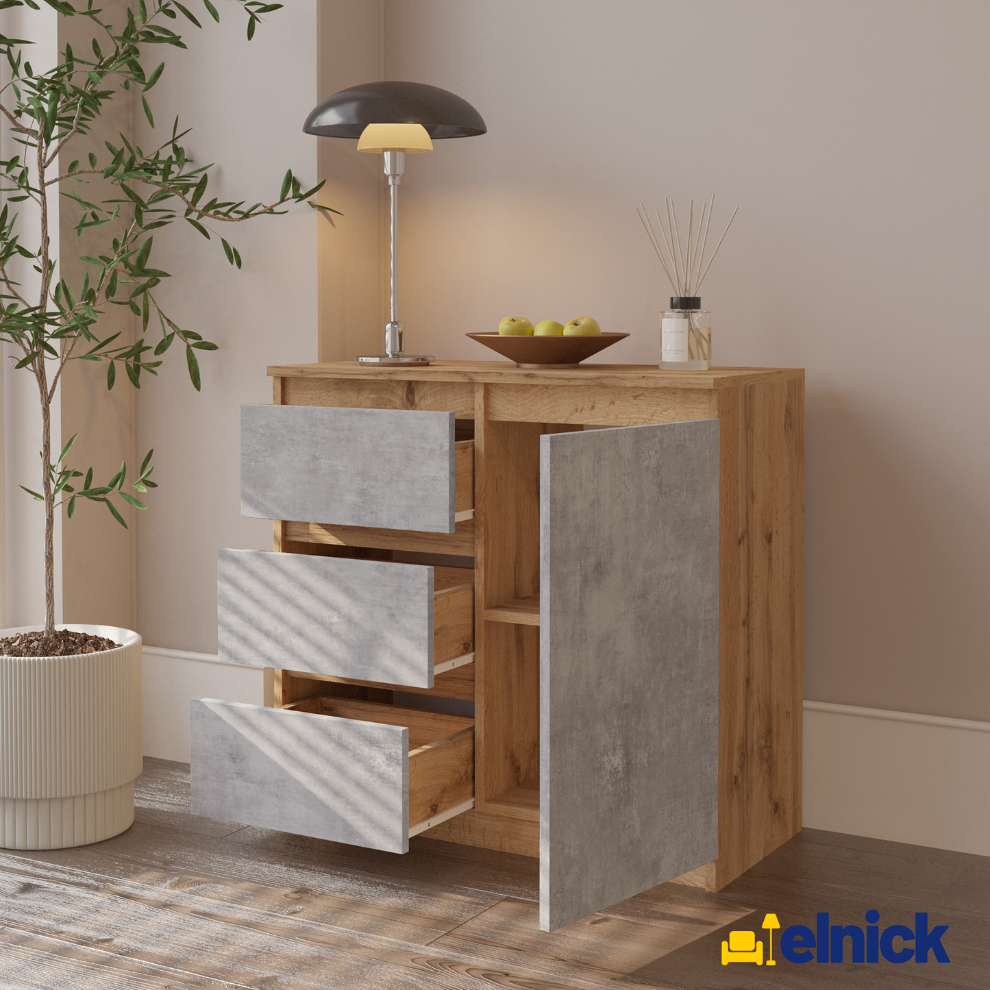 MIKEL - Kommode / Sideboard mit 3 Schubladen und 1 Tür - Wotan Eiche / Beton-Optik
