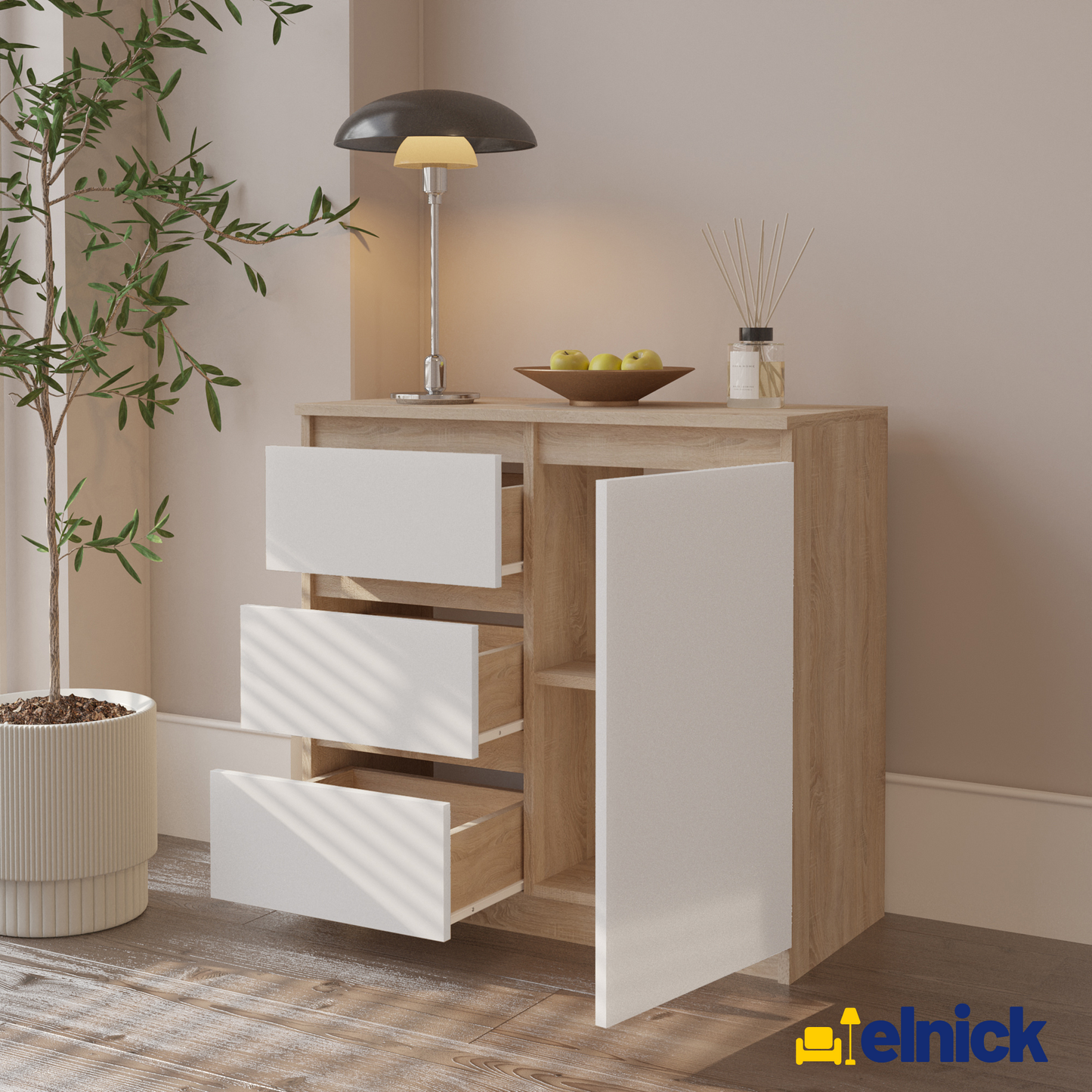 MIKEL - Kommode / Sideboard mit 3 Schubladen und 1 Tür - Sonoma Eiche / Weiß Matt