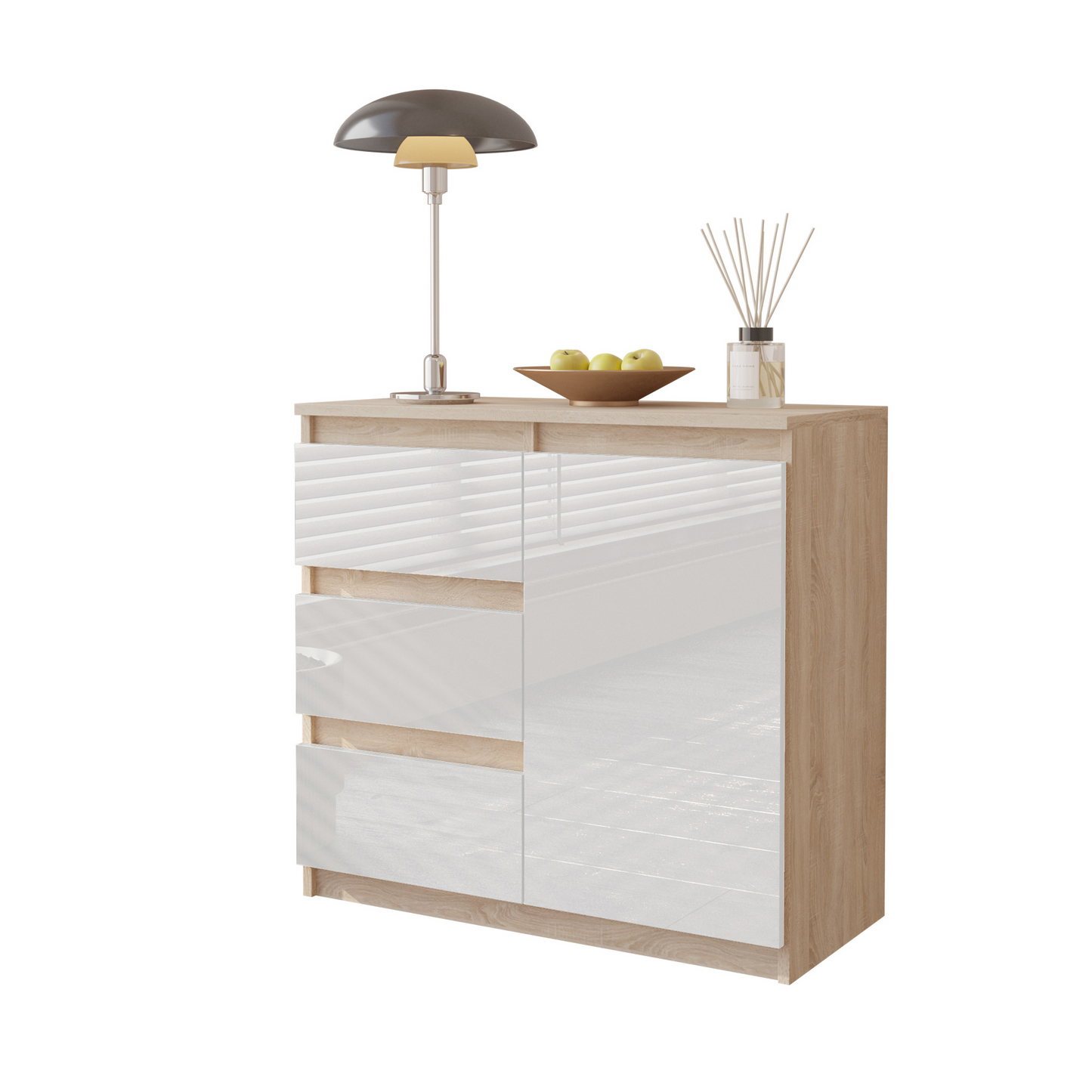 MIKEL - Kommode / Sideboard mit 3 Schubladen und 1 Tür - Sonoma Eiche / Weiß Gloss