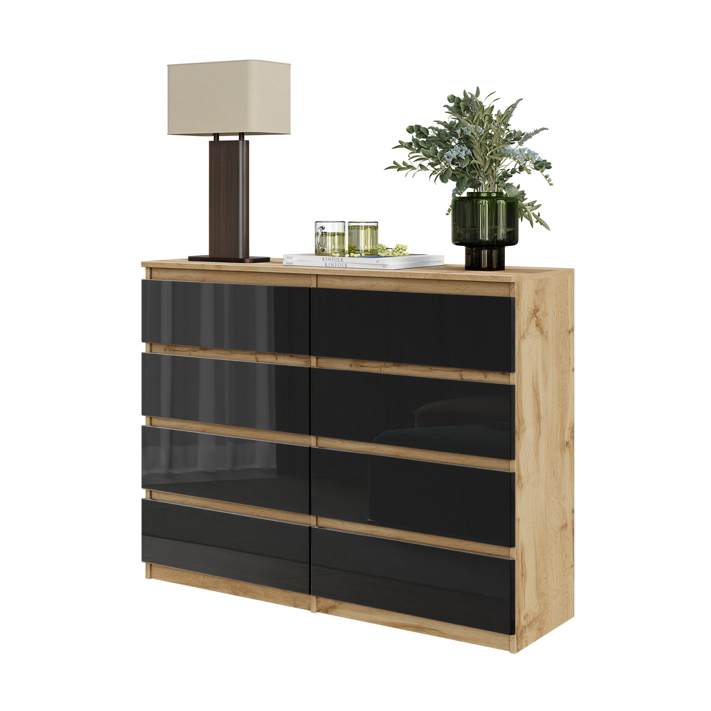 GABRIEL - Kommode / Sideboard mit 8 Schubladen - Wotan Eiche / Schwarz Glanz H92cm B120cm T33cm