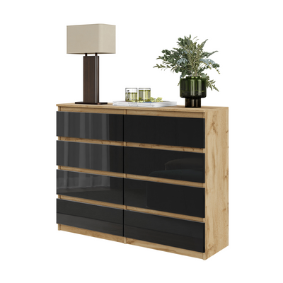 GABRIEL - Kommode / Sideboard mit 8 Schubladen - Wotan Eiche / Schwarz Glanz H92cm B120cm T33cm