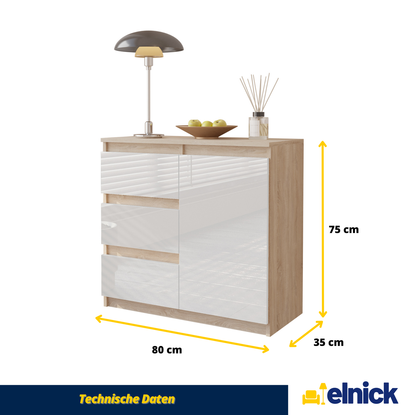 MIKEL - Kommode / Sideboard mit 3 Schubladen und 1 Tür - Sonoma Eiche / Weiß Gloss
