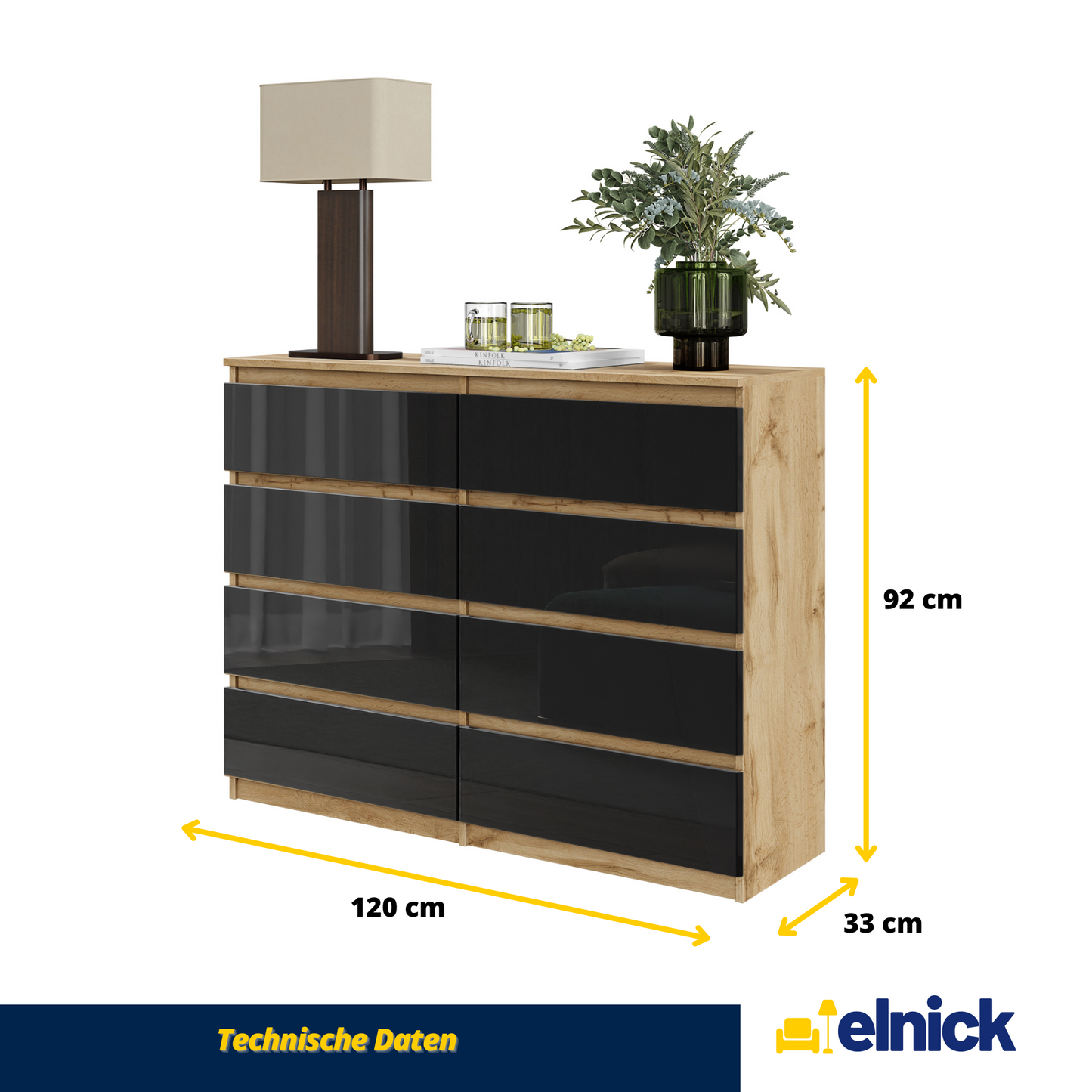 GABRIEL - Kommode / Sideboard mit 8 Schubladen - Wotan Eiche / Schwarz Glanz H92cm B120cm T33cm