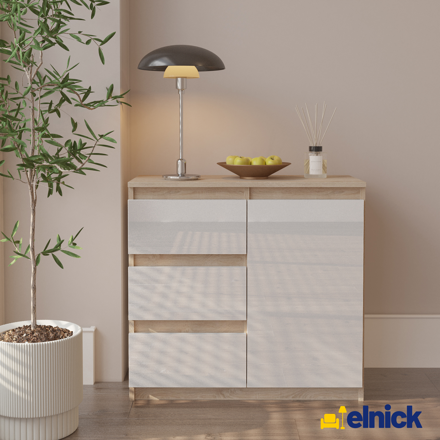 MIKEL - Kommode / Sideboard mit 3 Schubladen und 1 Tür - Sonoma Eiche / Weiß Gloss