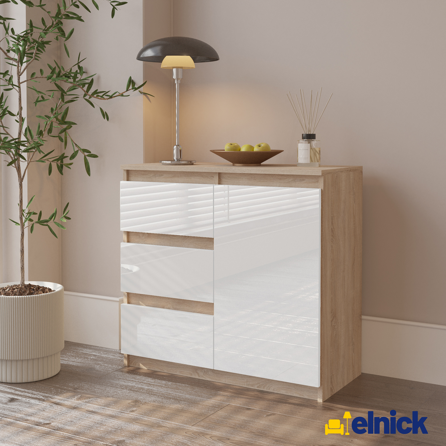 MIKEL - Kommode / Sideboard mit 3 Schubladen und 1 Tür - Sonoma Eiche / Weiß Gloss