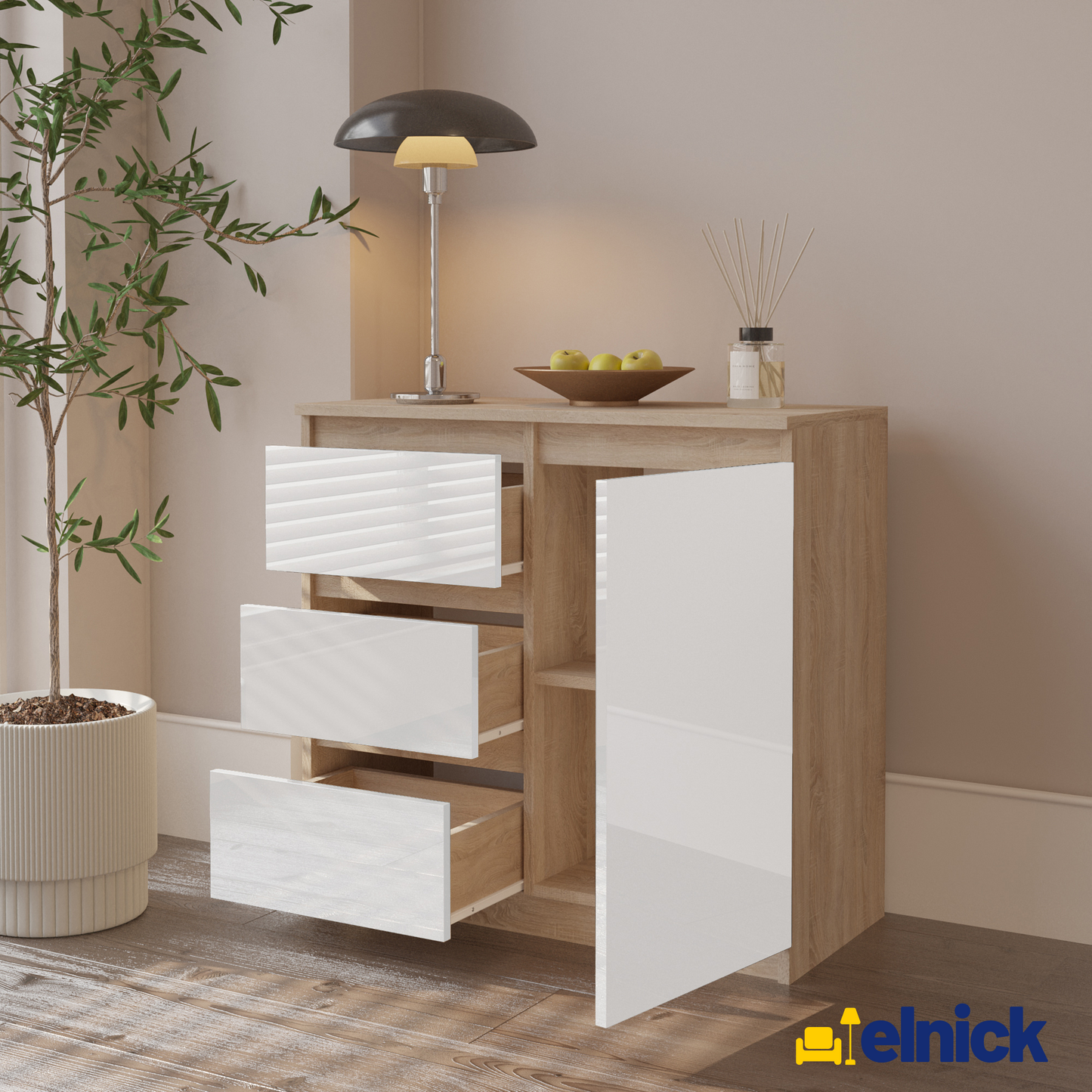 MIKEL - Kommode / Sideboard mit 3 Schubladen und 1 Tür - Sonoma Eiche / Weiß Gloss