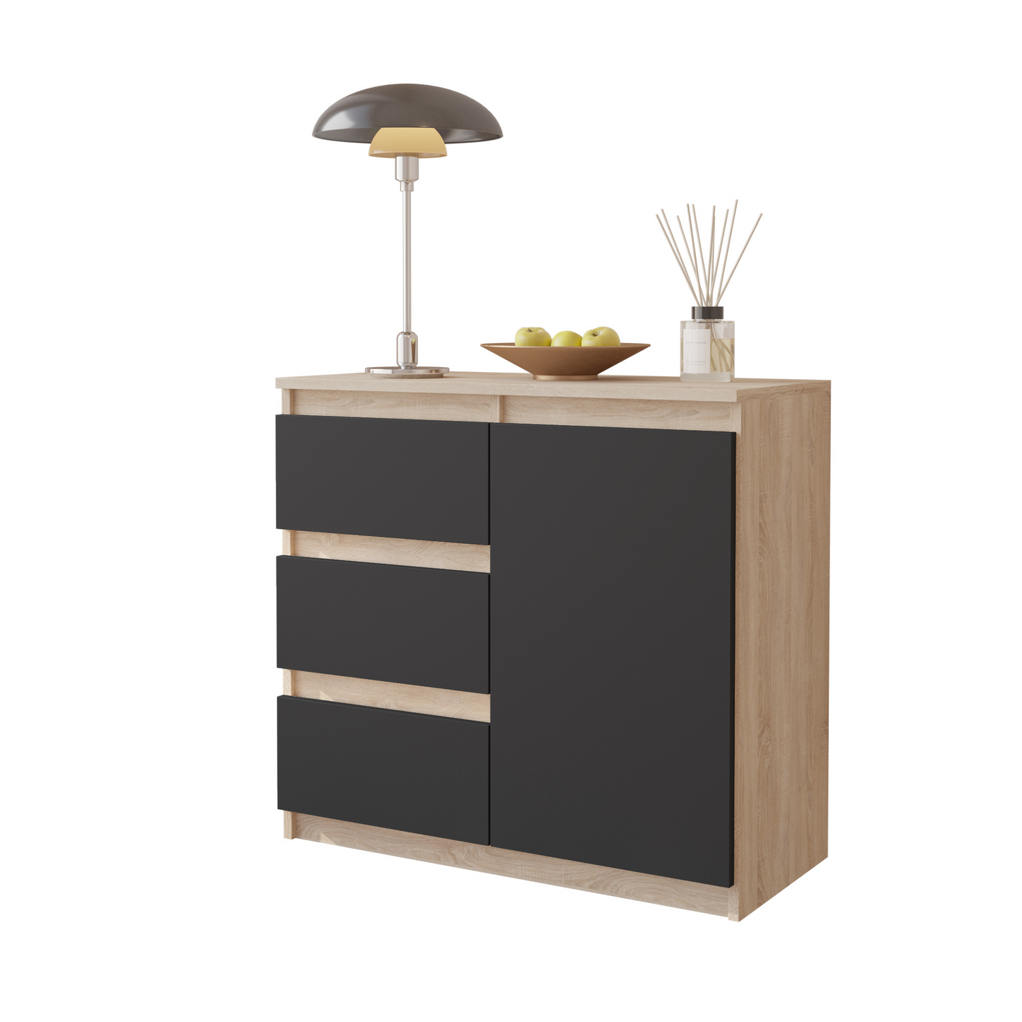 MIKEL - Kommode / Sideboard mit 3 Schubladen und 1 Tür - Sonoma Eiche / Anthrazit Grau