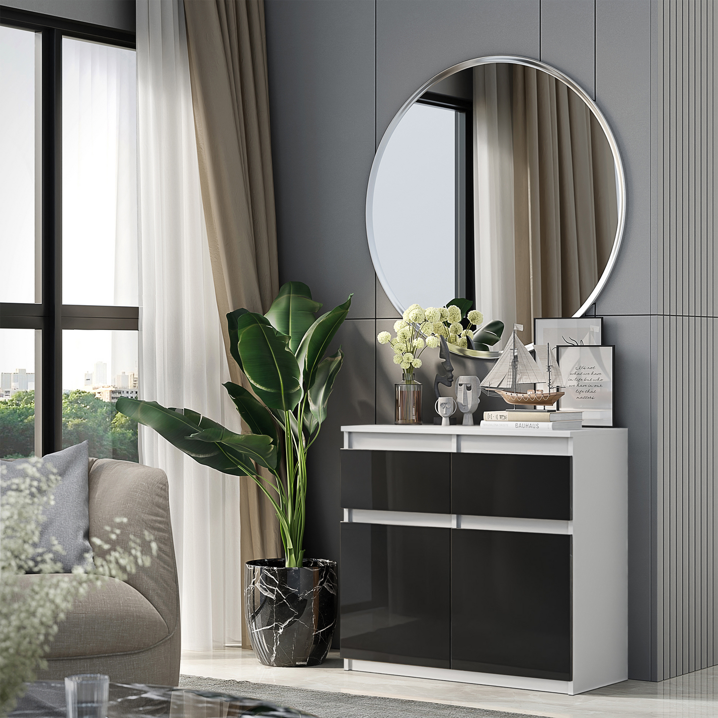 NOAH - Kommode / Sideboard mit 2 Schubladen und 2 Türen - Weiß Matt / Schwarz Gloss