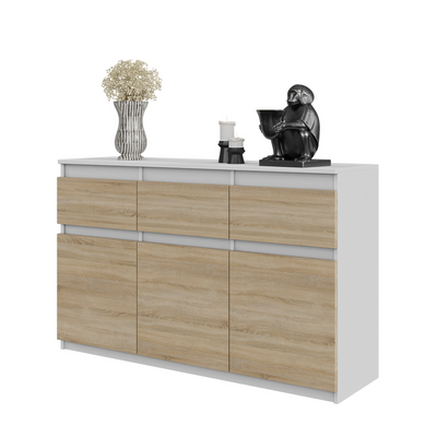 NOAH - Kommode / Sideboard mit 3 Schubladen und 3 Türen - Weiß Matt / Sonoma Eiche