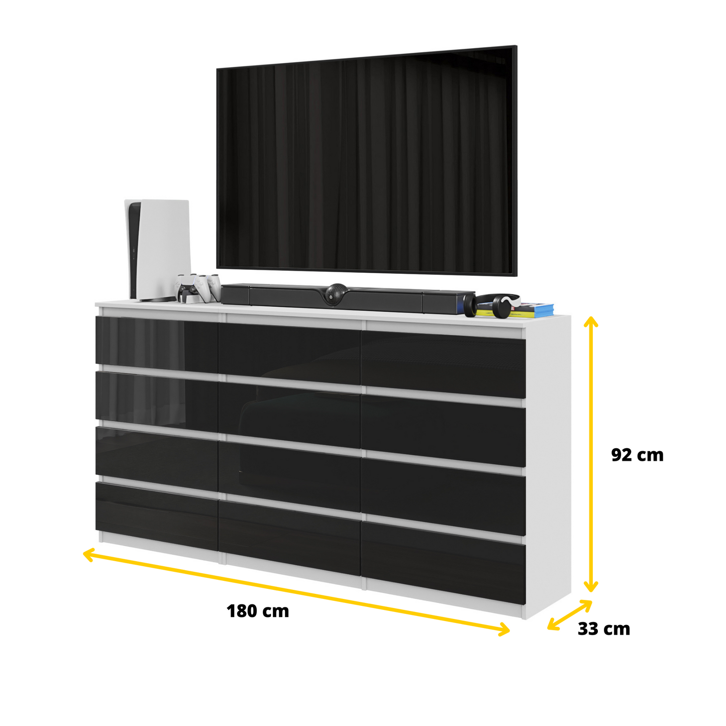 GABRIEL - Kommode / Sideboard mit 12 Schubladen (8+4) - Weiß Matt / Schwarz Gloss