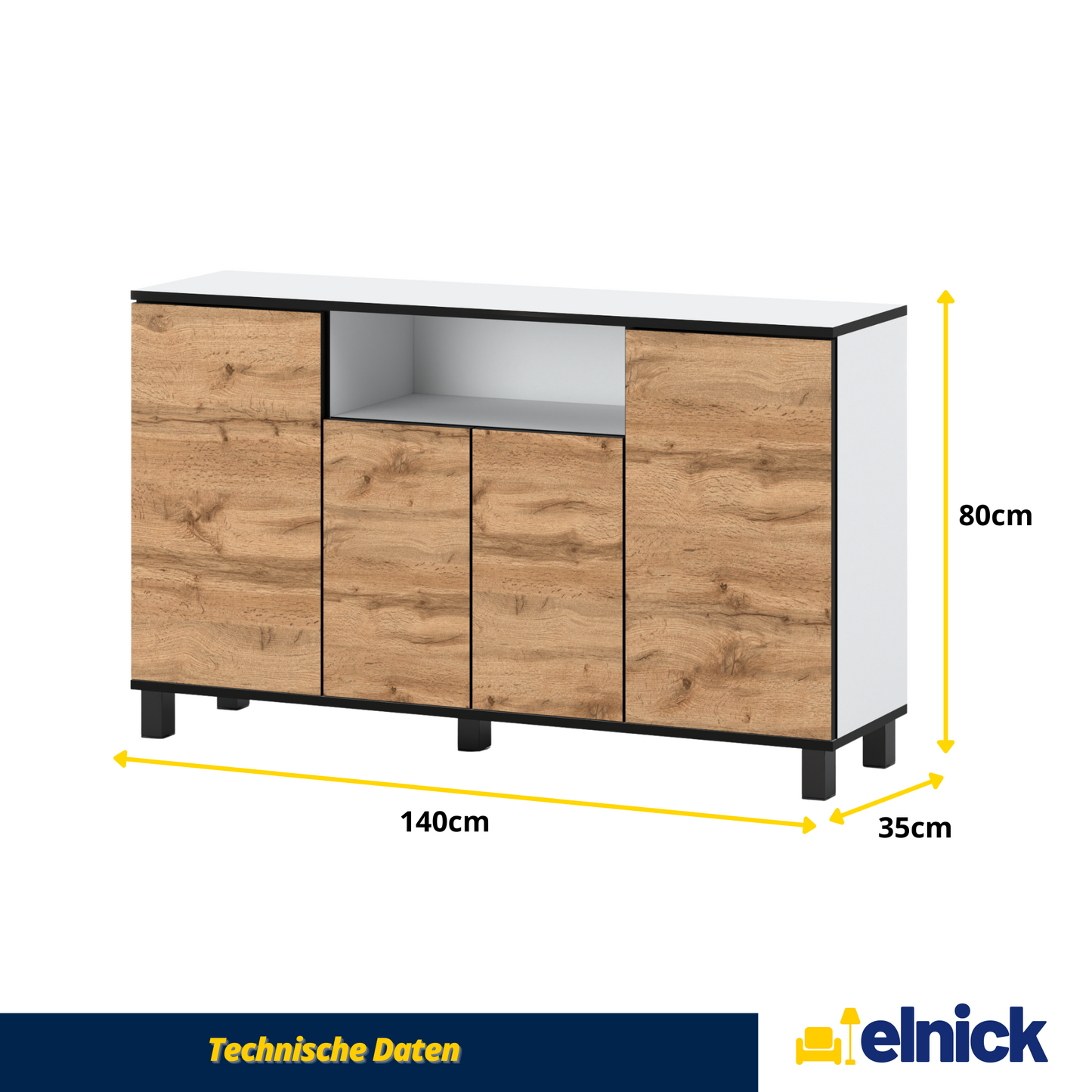 CALVIN – TV-Schrank mit 4 Türen – Wohnzimmer Sideboard - Weiß Matt / Wotan Eiche