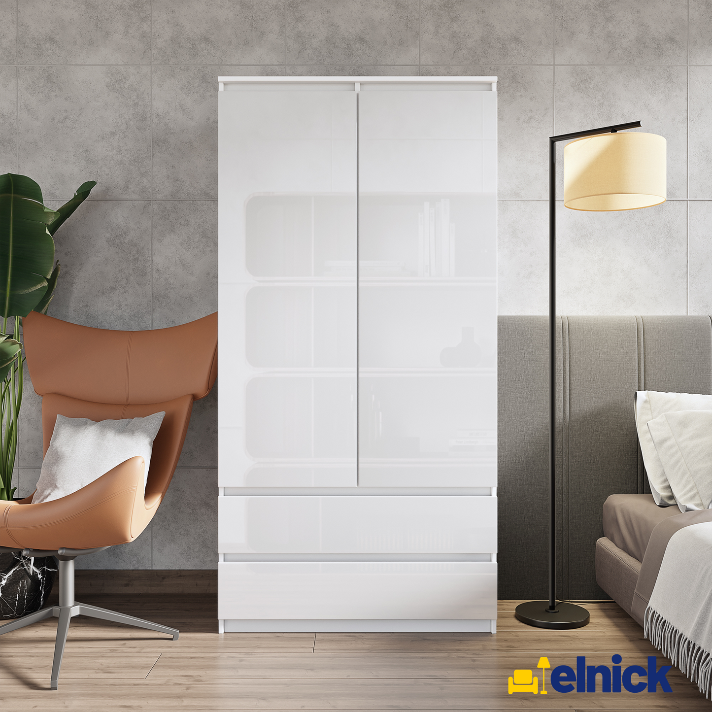 JOELLE - Kleiderschrank mit 2 Türen und 2 Schubladen - Weiß Matt / Weiß Gloss