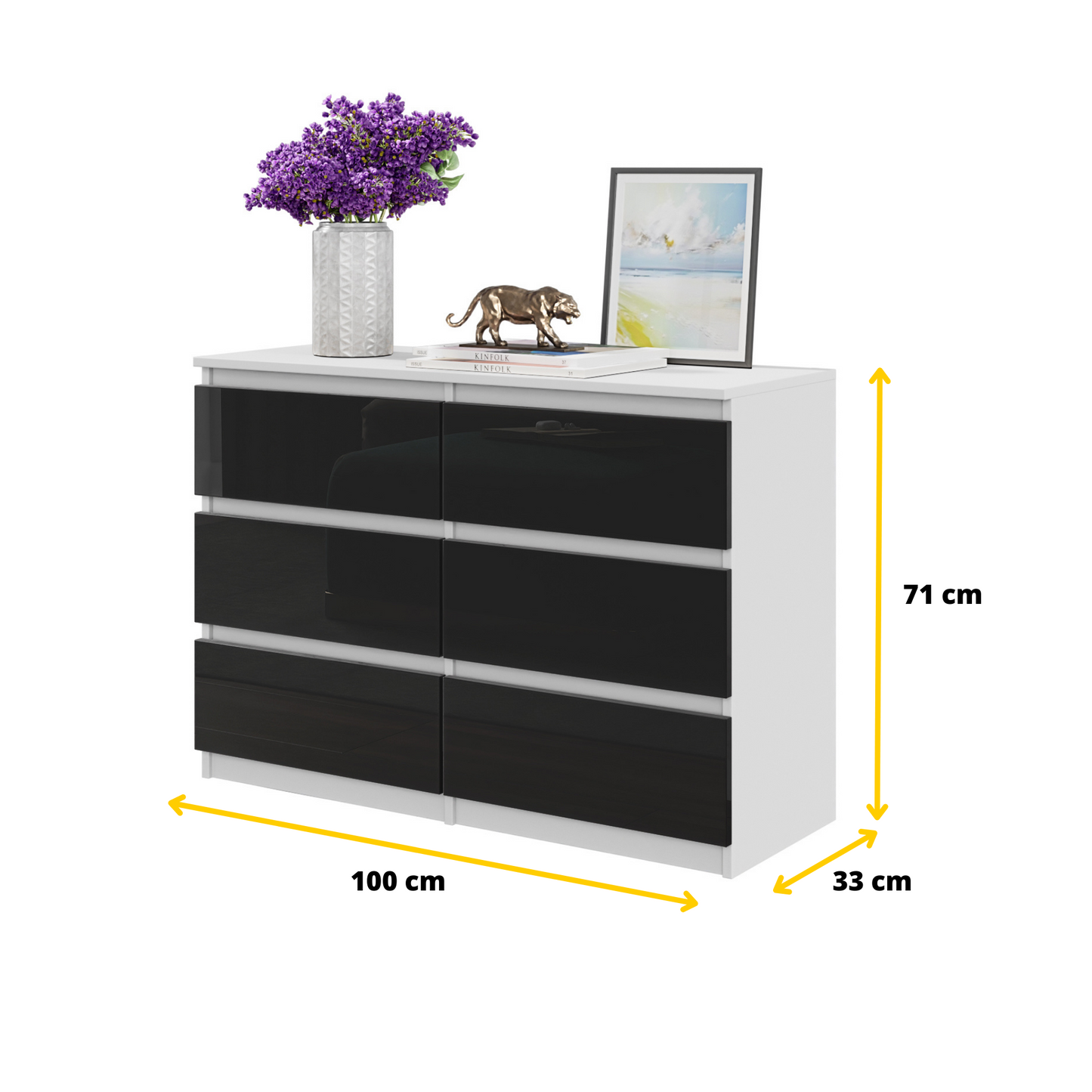 GABRIEL - Kommode / Sideboard mit 6 Schubladen - Weiß Matt / Schwarz Gloss