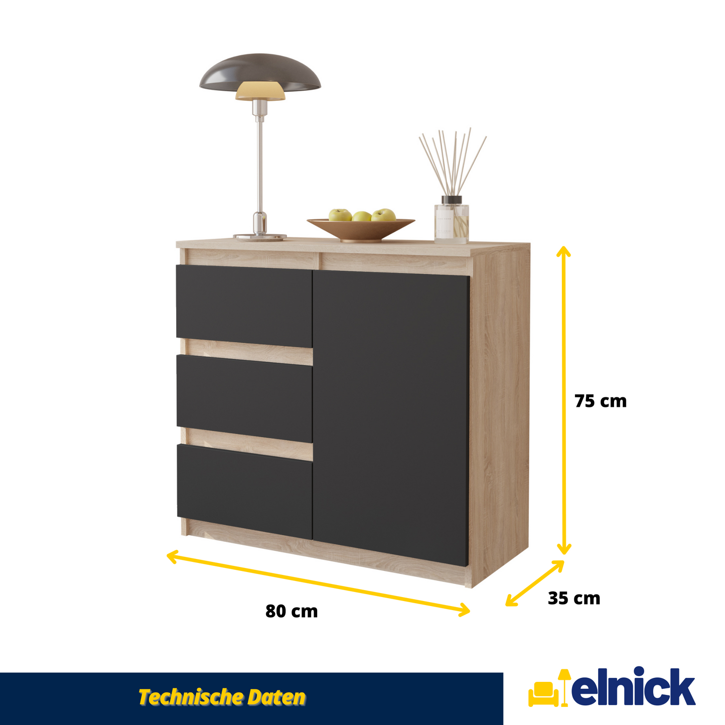 MIKEL - Kommode / Sideboard mit 3 Schubladen und 1 Tür - Sonoma Eiche / Anthrazit Grau