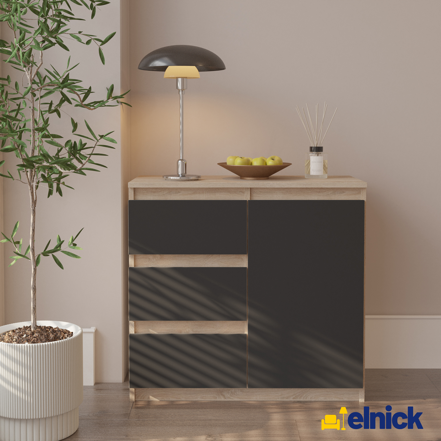 MIKEL - Kommode / Sideboard mit 3 Schubladen und 1 Tür - Sonoma Eiche / Anthrazit Grau