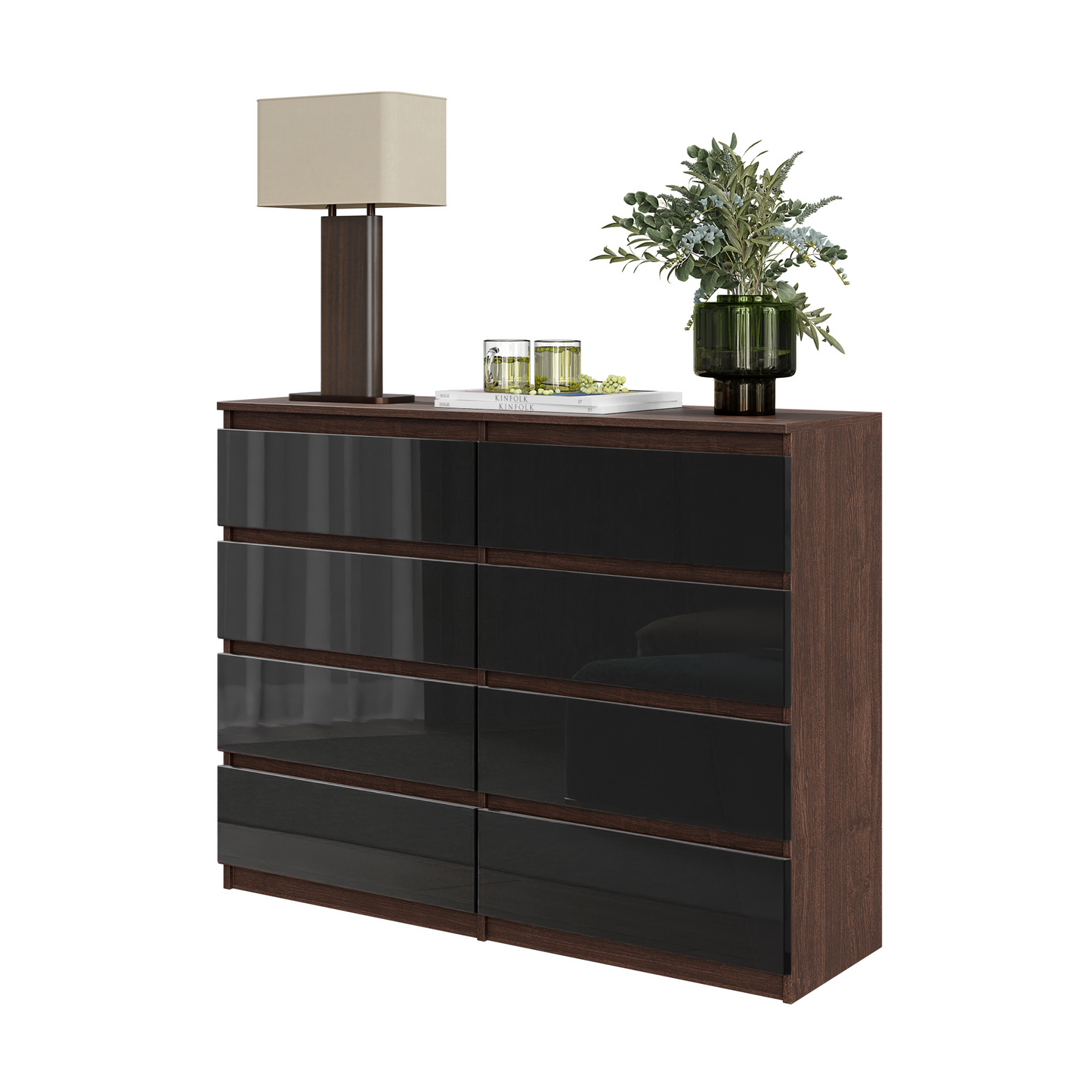 GABRIEL - Kommode / Sideboard mit 8 Schubladen - Wenge / Schwarz Glanz H92cm B120cm T33cm