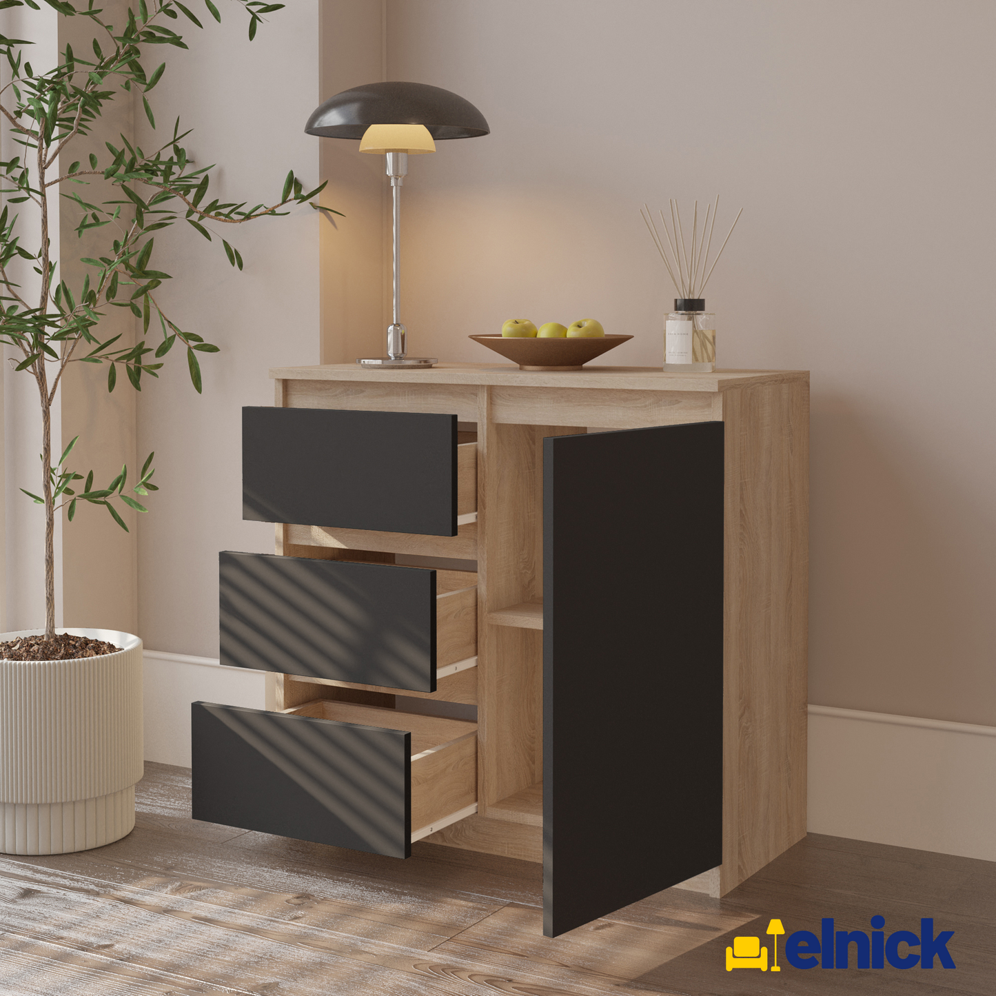 MIKEL - Kommode / Sideboard mit 3 Schubladen und 1 Tür - Sonoma Eiche / Anthrazit Grau